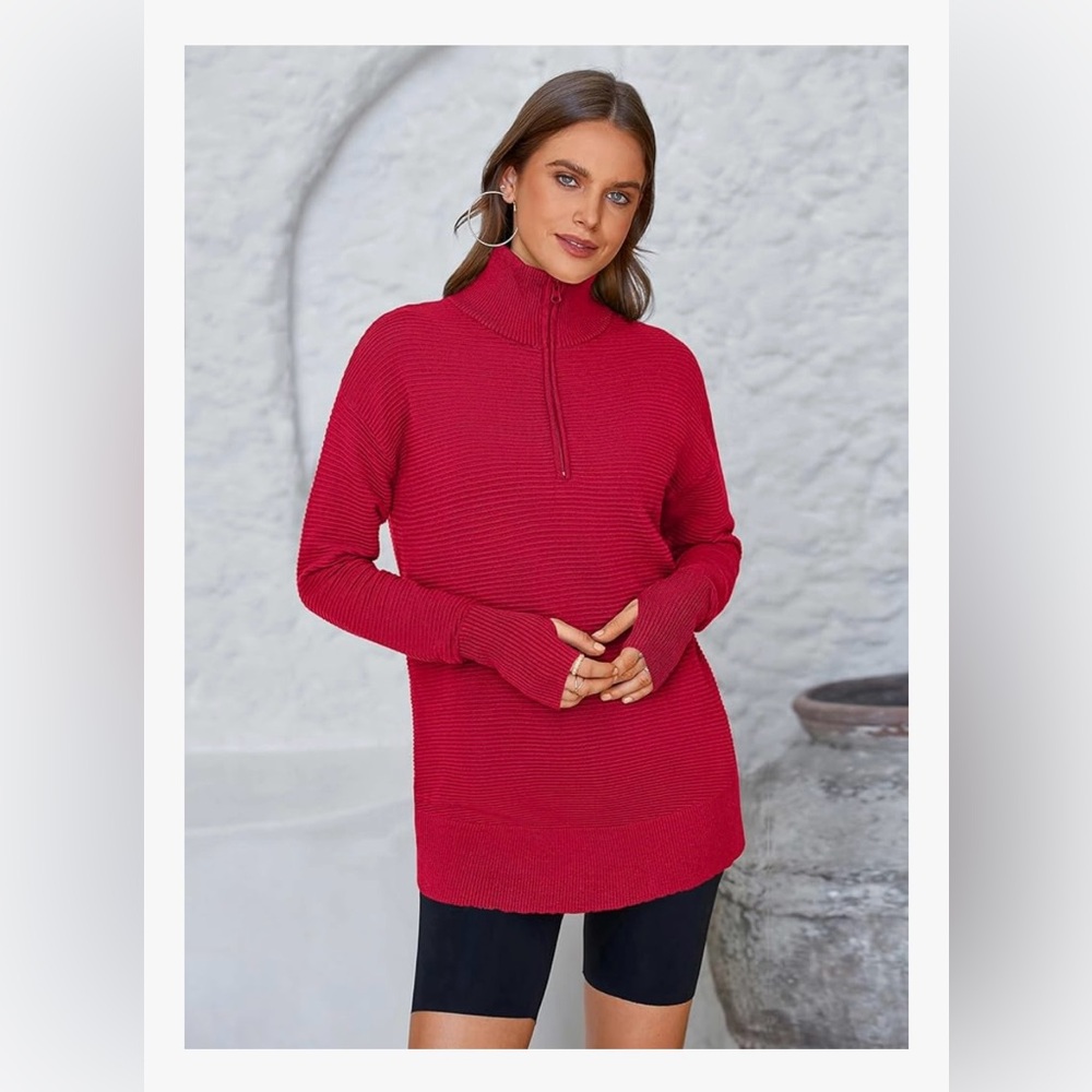 Red Half-Zip Knit Pullover | Thumb Hole | Small | Pretty Garden | New - Picture 3 of 11